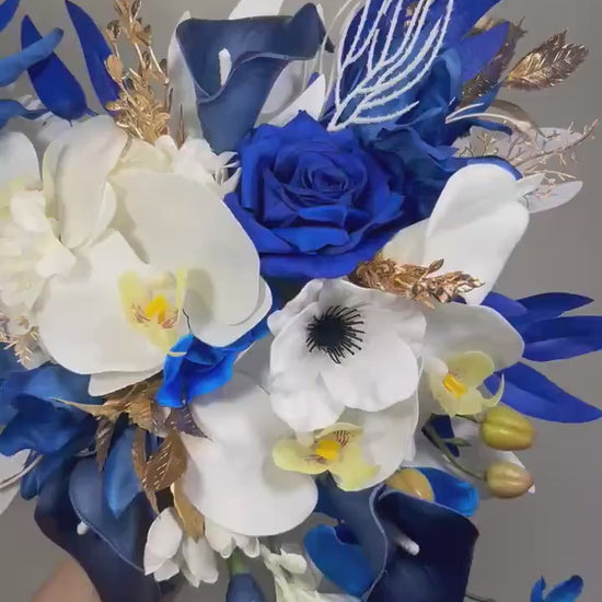Blue White Gold Floral Hoop, Wedding Bridesmaids Royal Blue White Alternative Bouquet, Wizard Floral Ring Bouquet Magical, Artificial Flower