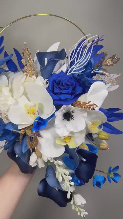 Blue White Gold Floral Hoop, Wedding Bridesmaids Royal Blue White Alternative Bouquet, Wizard Floral Ring Bouquet Magical, Artificial Flower