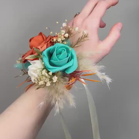 Orange Teal Wrist Corsage, Wedding Terracotta Turquoise Boho Bridesmaids Corsage, Teal Aqua Blue Burnt Orange