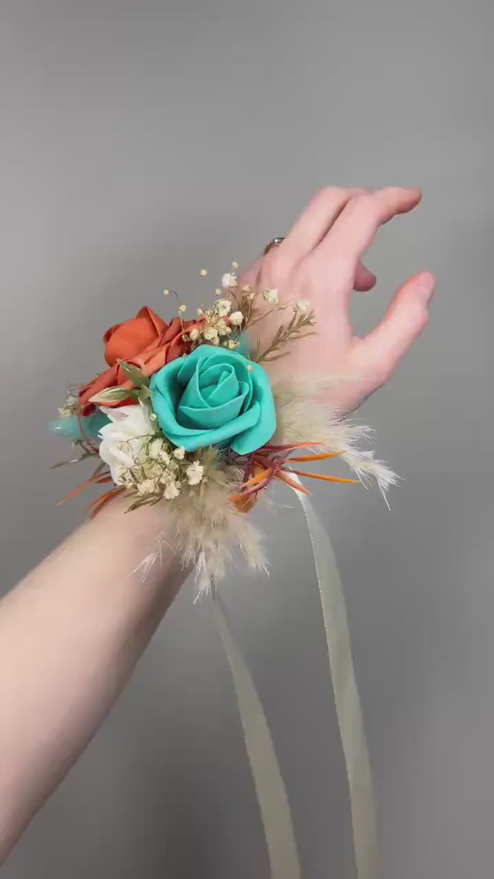 Orange Teal Wrist Corsage, Wedding Terracotta Turquoise Boho Bridesmaids Corsage, Teal Aqua Blue Burnt Orange