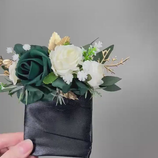 Emerald Green Pocket Boutonniere Wedding Groom White Hunter Green Forest Groomsmen Square Boutonniere Gold Eucalyptus Artificial Flower