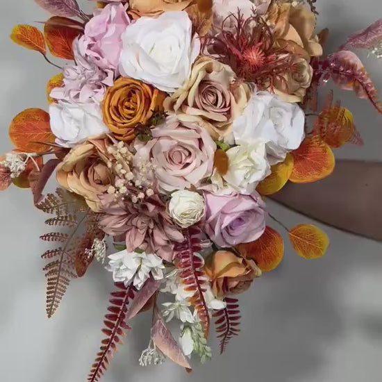 Wedding Cascade Bouquet White Terracotta Bridal Cascading Boho Pink Bouquet Wedding Burnt Orange Bridesmaids Decor Flower Artificial Fall