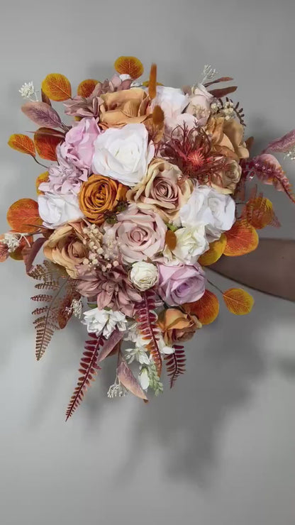 Wedding Cascade Bouquet White Terracotta Bridal Cascading Boho Pink Bouquet Wedding Burnt Orange Bridesmaids Decor Flower Artificial Fall