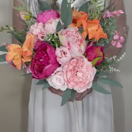 Wedding Pink Bouquet Wild Flower  Bridal Dusty Rose Bouquet Bridesmaids White Orange Eucalyptus Fuchsia Spring Peony Artificial Flower