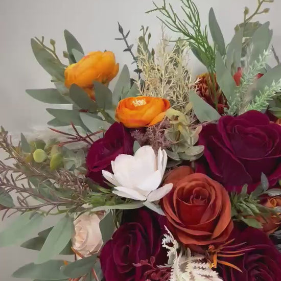 Bridal Bouquet with Burgundy and Rust Orange Flowers, Burgundy and Terracotta Bridesmaid Bouquet, Terracotta Wedding  Faux Bouquet