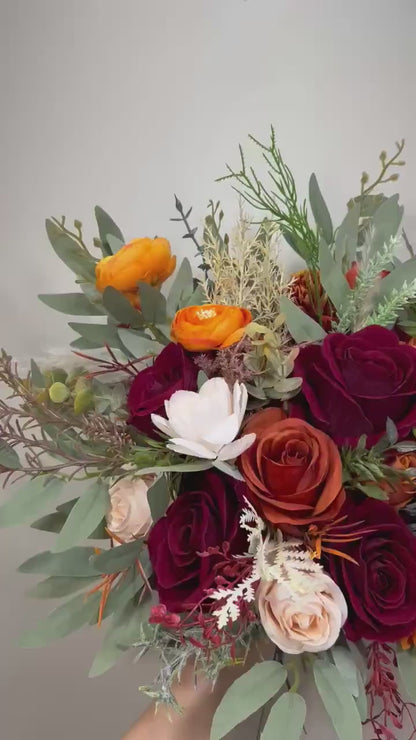 Bridal Bouquet with Burgundy and Rust Orange Flowers, Burgundy and Terracotta Bridesmaid Bouquet, Terracotta Wedding  Faux Bouquet