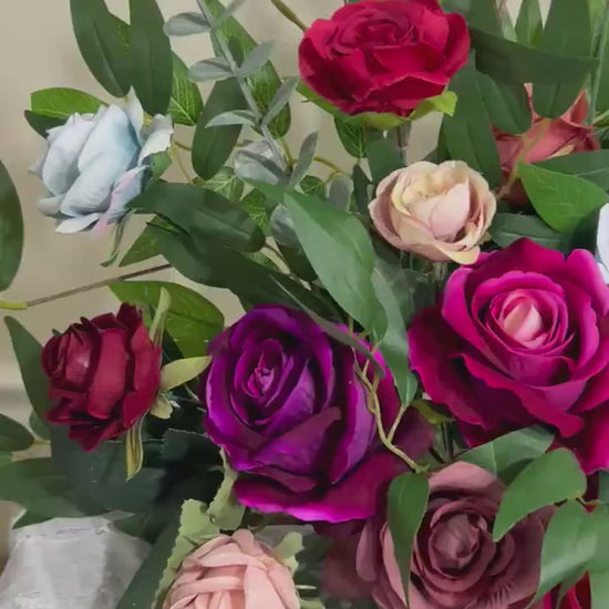 Jewel Tones Floor Arrangement Free Standing Purple Wedding Aisle Sweetheart Burgundy Blue Pink Dusty Fuchsia Artificial Flower 25"Wx20"H