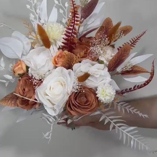 Wedding Bouquet Terracotta Boho Bridal Rust Wedding Burnt Orange Bridesmaids Decor Artificial Flower Baby Breath Fall Pumpkin Bunny Tails