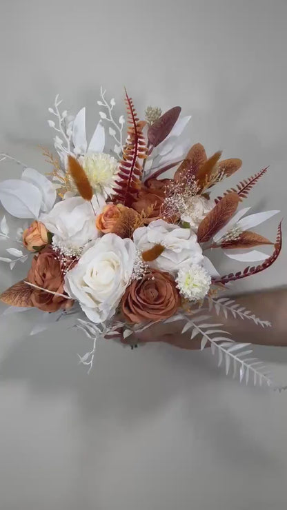 Wedding Bouquet Terracotta Boho Bridal Rust Wedding Burnt Orange Bridesmaids Decor Artificial Flower Baby Breath Fall Pumpkin Bunny Tails