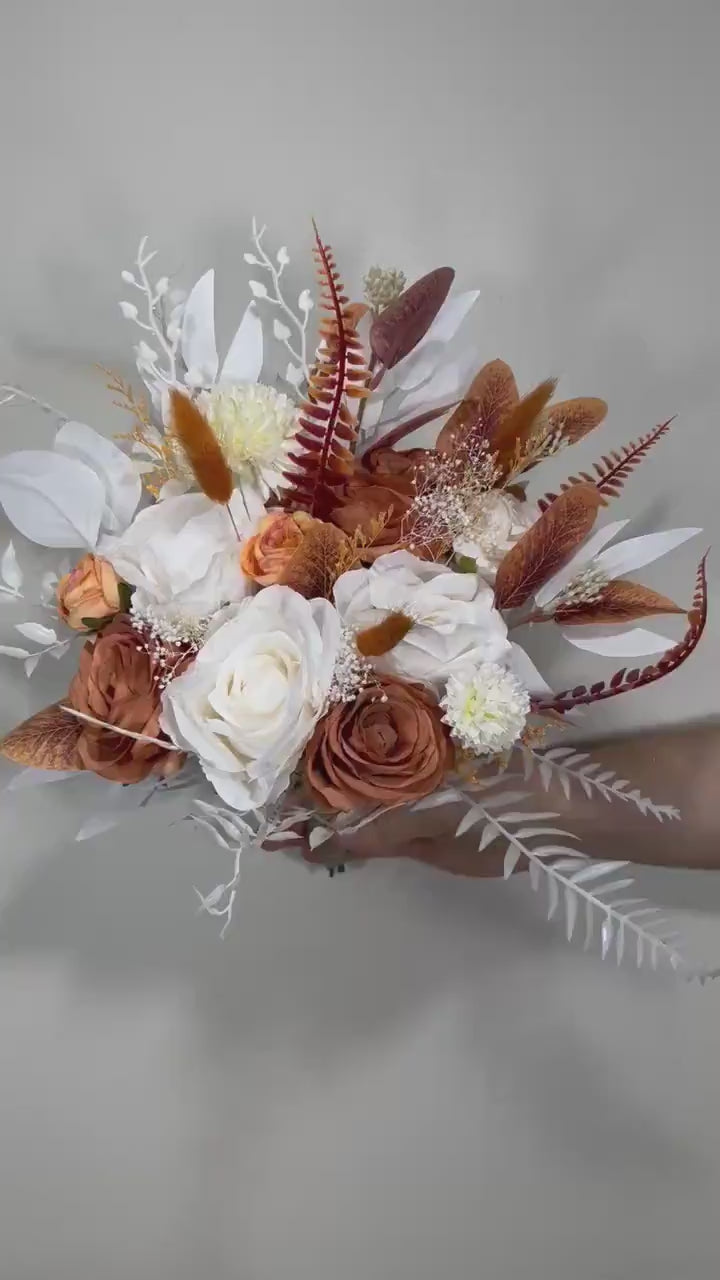 Wedding Bouquet Terracotta Boho Bridal Rust Wedding Burnt Orange Bridesmaids Decor Artificial Flower Baby Breath Fall Pumpkin Bunny Tails
