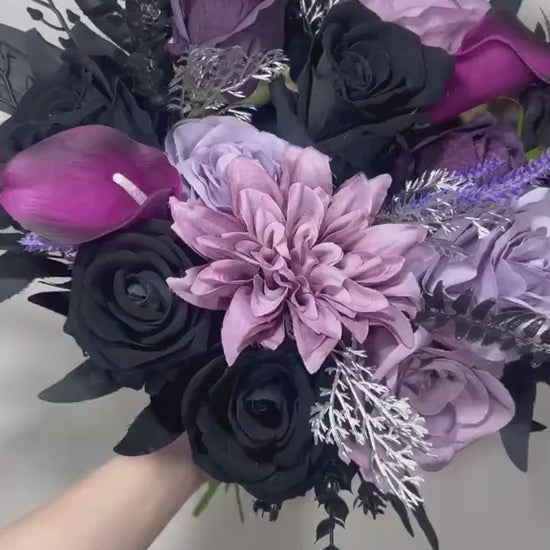 Wedding Bouquet Black Purple Bridal Gothic Bouquet Black Dark Purple Bridesmaids Bouquet Black Purple Calla Lily Gold Artificial Flower