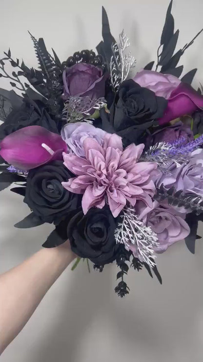 Wedding Bouquet Black Purple Bridal Gothic Bouquet Black Dark Purple Bridesmaids Bouquet Black Purple Calla Lily Gold Artificial Flower