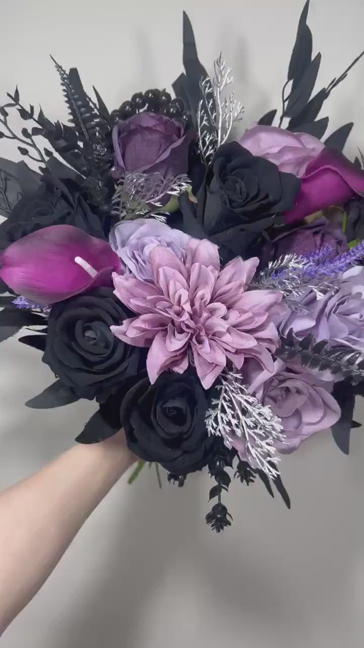 Wedding Bouquet Black Purple Bridal Gothic Bouquet Black Dark Purple Bridesmaids Bouquet Black Purple Calla Lily Gold Artificial Flower