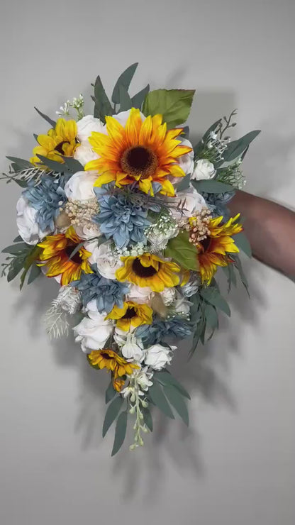 Wedding Bouquet White Bridal Cascade Sunflower Bouquet Cascading Ivory Dusty Blue Sunflower Bridesmaids Bouquet Blue Artificial Flowers