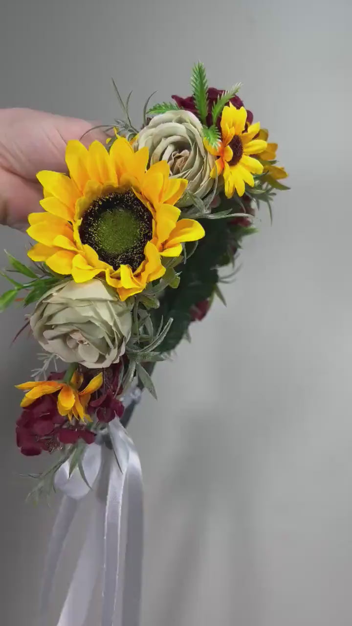 Sunflower Flower Crown Wedding Crown Burgundy Floral Headband Flower Sunflowers Burgundy Sage Green Crown Sunflower Flower Wreath Crown