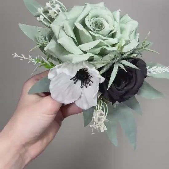 Dusty Sage Green Cake Decoration Black Wedding Topper Decor Flower Cake Arrangement Black Cake Decor White Anemone Artificial Flower Green