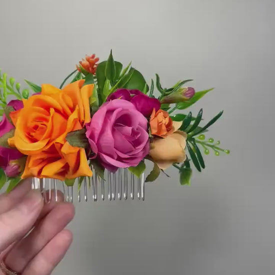 Orange Hot Pink Hair Comb Wedding Fuchsia Burnt Orange Tropical Beach Floral Hairpiece Artificial Magenta Hair Accessories Bridal Comb