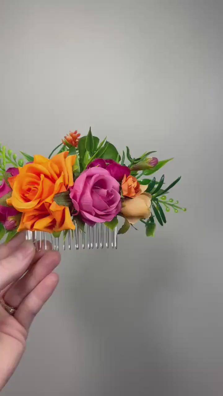 Orange Hot Pink Hair Comb Wedding Fuchsia Burnt Orange Tropical Beach Floral Hairpiece Artificial Magenta Hair Accessories Bridal Comb