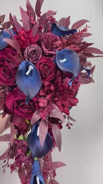 Burgundy Navy Blue Bouquet Wedding Cascade Bouquet Bridal Burgundy Navy Blue Calla Lily Bouquet Cascading Bouquet Maroon Dark Blue Wine Red