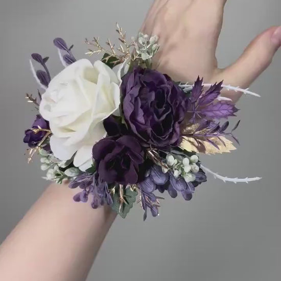 Plum Corsage Wedding White Plum Wrist Corsages Ivory Bridesmaids Dark Purple Corsage White Plum Artificial Flowers Silk Corsage Prom Plum