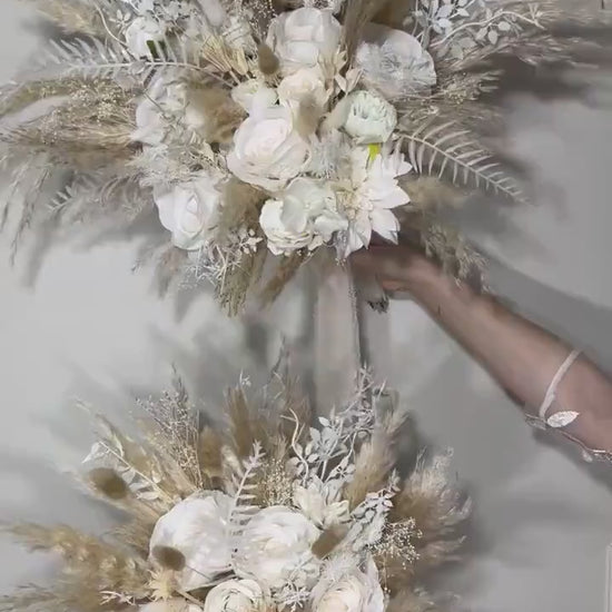 Wedding Bouquet Boho White Bridal Bouquet Pampas Grass Ivory Bridesmaids Decor Palms Leaves White Artificial Flower Dried Dahlia White Rose