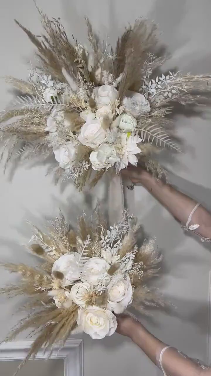 Wedding Bouquet Boho White Bridal Bouquet Pampas Grass Ivory Bridesmaids Decor Palms Leaves White Artificial Flower Dried Dahlia White Rose