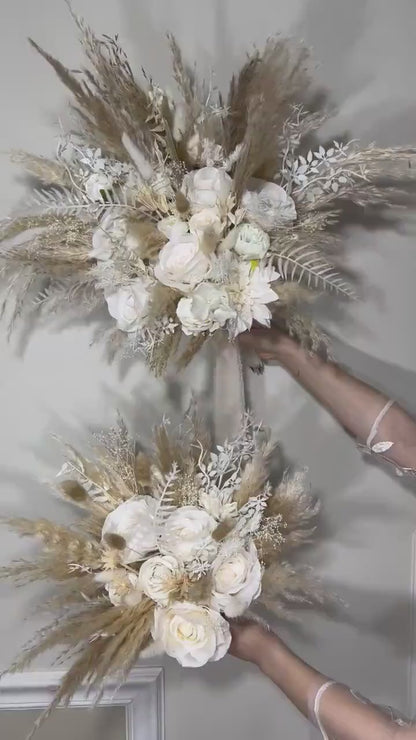 Wedding Bouquet Boho White Bridal Bouquet Pampas Grass Ivory Bridesmaids Decor Palms Leaves White Artificial Flower Dried Dahlia White Rose