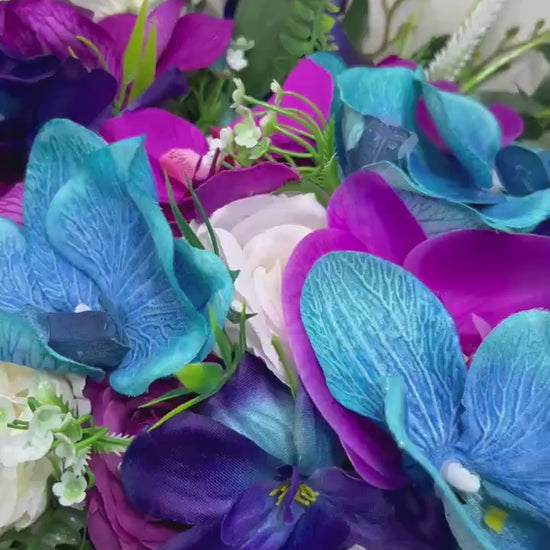Teal Purple Cake Decor Flower Artificial Wedding Orchid Turquoise Cake Arrangement Jewel Tones Cake Topper Flower Magenta Teal White Silk