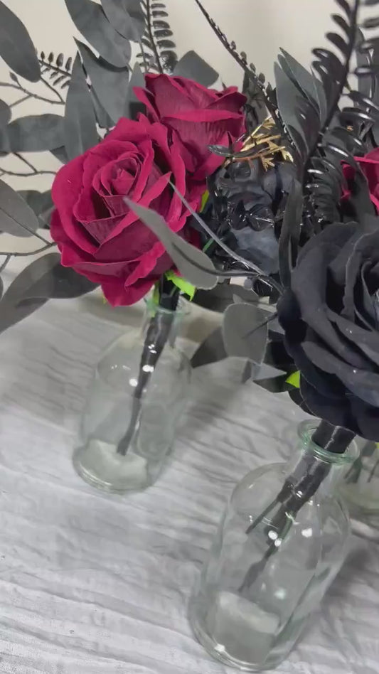 Black Centerpiece 3 Flowers Wedding Gothic Table Decor Burgundy Small Centerpiece Black Gold Centerpiece Table Decor Burgundy Artifical