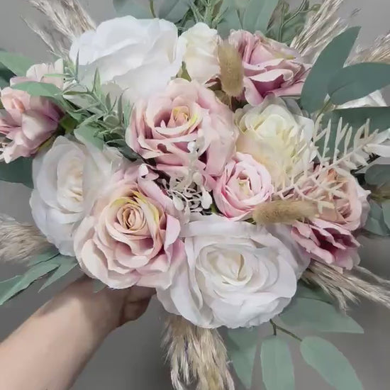 Wedding Dusty Rose Bouquet Bridal White Boho Dusty Rose Bouquet Pampas Grass Bridesmaids Bouquet Pink Greenery Ivory Mauve Artificial