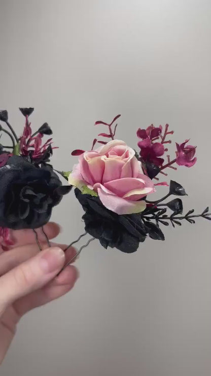 Black Hair Comb Wedding Burgundy Flower Girl Hairpiece Gothic Floral Hair Comb Decorative Black Accessories Dusty Rose Artificial Flower
