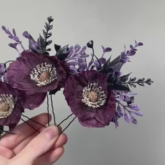 Plum Black Hair Pins, Wedding Gothic Hair Accessories, Plum Poppy Floral Hair Pins, Bridal Hair Flowers Dakr Purple Black