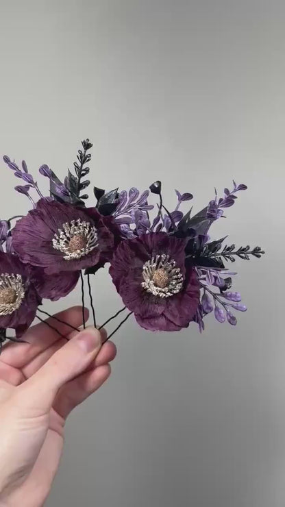 Plum Black Hair Pins, Wedding Gothic Hair Accessories, Plum Poppy Floral Hair Pins, Bridal Hair Flowers Dakr Purple Black