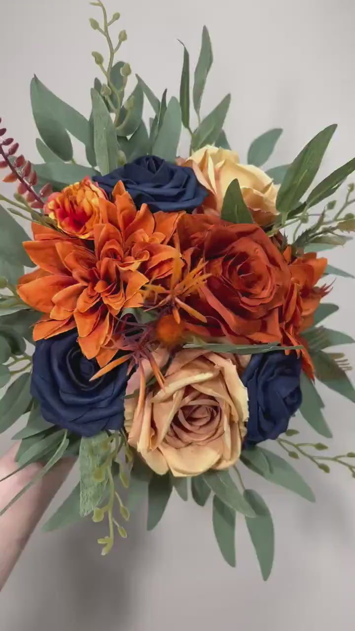 Navy Blue Orange Bouquet Wedding Navy Blue Rust Bouquet Bridesmaids Terracotta Dark Blue Bouquet Burnt Orange Navy Blue Artificial Flowers