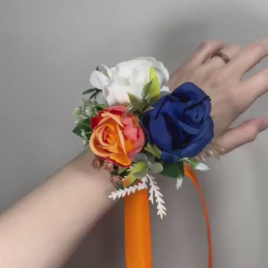 Blue Orange Corsage Wedding Royal Blue Corsage Orange Mom Corsage White Burnt Orange Corsage Ivory Pocket Boutonniere Artificial Flowers