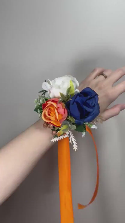 Blue Orange Corsage Wedding Royal Blue Corsage Orange Mom Corsage White Burnt Orange Corsage Ivory Pocket Boutonniere Artificial Flowers