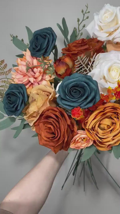 Wedding Dark Teal Bouquet Bridal Rust Terracotta Bridesmaids Burnt Orange Bouquet Teal Terracotta Artificial Flowers Bouquet