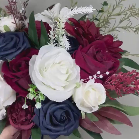 Burgundy Navy Blue White Bouquet Bridal Maroon Navy Blue Bouquet Bridesmaids Dark Red Blue Ivory Winter Bouquet Pearls Artificial Flowers