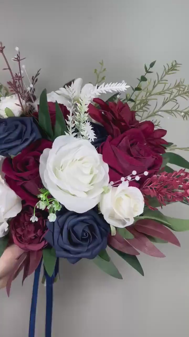 Burgundy Navy Blue White Bouquet Bridal Maroon Navy Blue Bouquet Bridesmaids Dark Red Blue Ivory Winter Bouquet Pearls Artificial Flowers