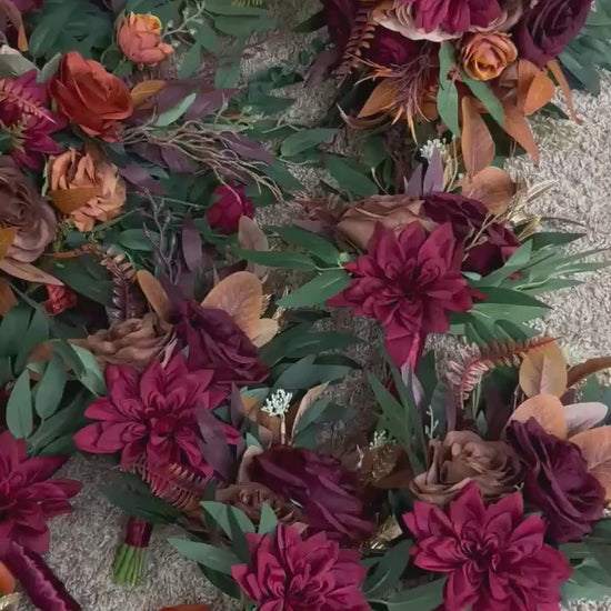 Burgundy Burnt Orange Wedding Arch Flowers, Wine Red Terracotta Floral Swag, Rust Maroon Backdrop Arbor Arrangement, Autumn Ceremony Flowers