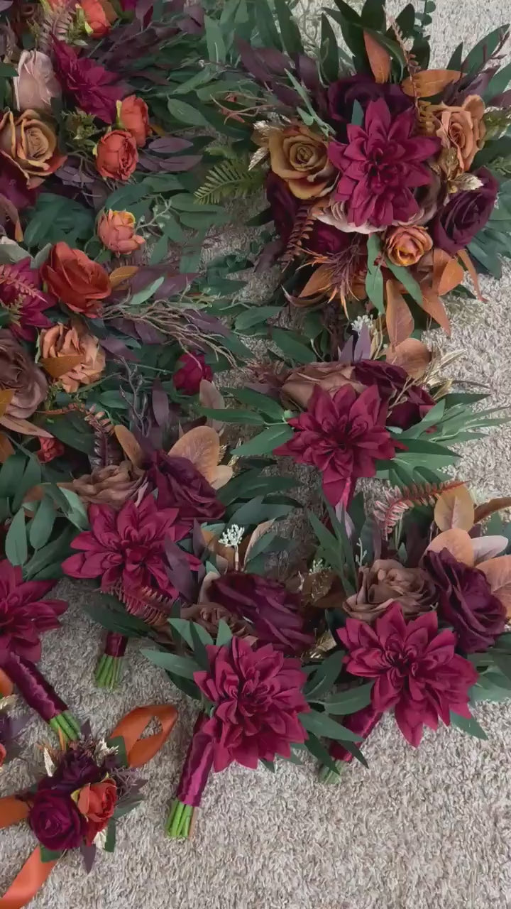 Burgundy Burnt Orange Wedding Arch Flowers, Wine Red Terracotta Floral Swag, Rust Maroon Backdrop Arbor Arrangement, Autumn Ceremony Flowers