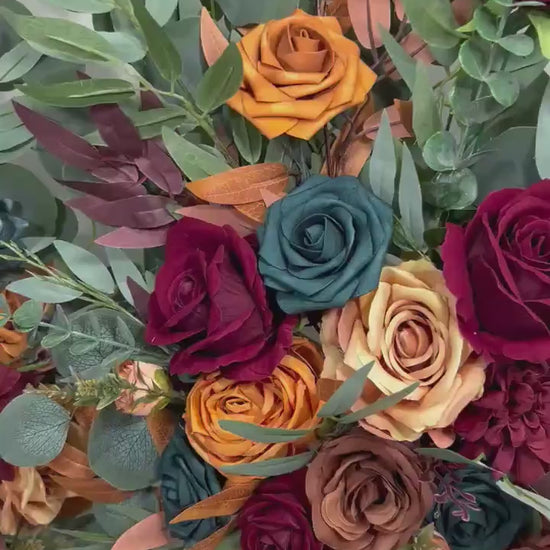 Wedding Aisle Marker Flower Floor Arrangement Whiskey Barrel Décor Dark Teal Burnt Orange Burgundy Terracotta Ground Arch Rust