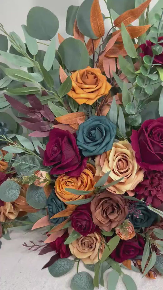 Wedding Aisle Marker Flower Floor Arrangement Whiskey Barrel Décor Dark Teal Burnt Orange Burgundy Terracotta Ground Arch Rust