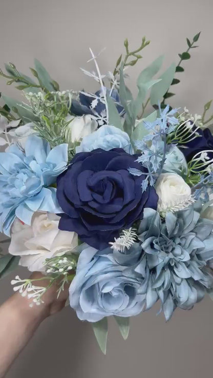 Blue Bouquet Wedding Bridal Bouquet Navy Blue White Bouquet Ivory Bridesmaids Dusty Blue Bouquet Royal Blue Navy Artificial Flower