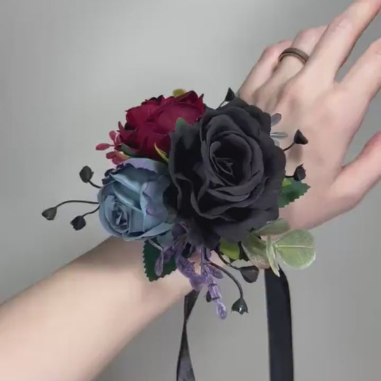 Black Corsage Burgundy Wedding Gothic Wrist Corsage Bridesmaids Dusty Blue Corsage Mom Black Burgundy Accessories Blue Artificial Flower