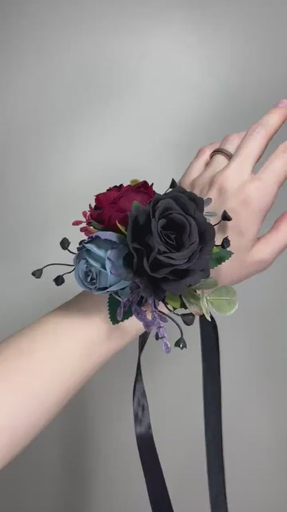 Black Corsage Burgundy Wedding Gothic Wrist Corsage Bridesmaids Dusty Blue Corsage Mom Black Burgundy Accessories Blue Artificial Flower