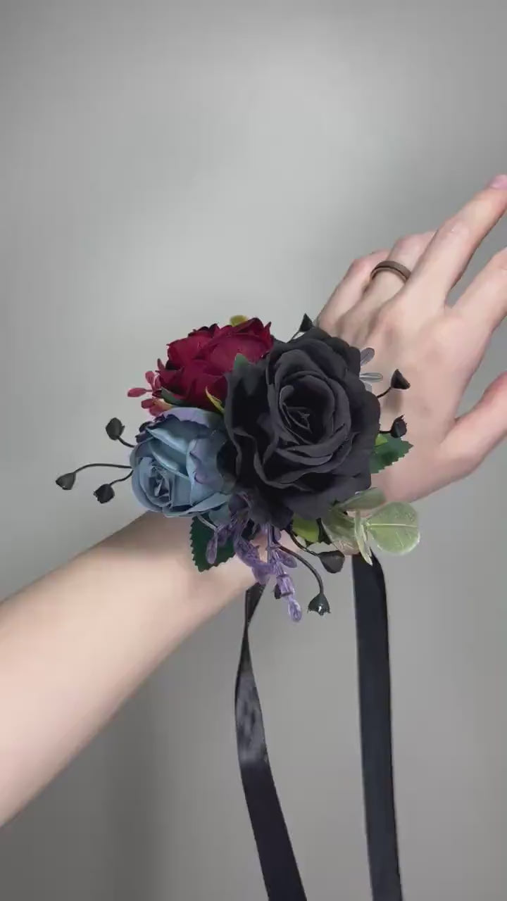 Black Corsage Burgundy Wedding Gothic Wrist Corsage Bridesmaids Dusty Blue Corsage Mom Black Burgundy Accessories Blue Artificial Flower