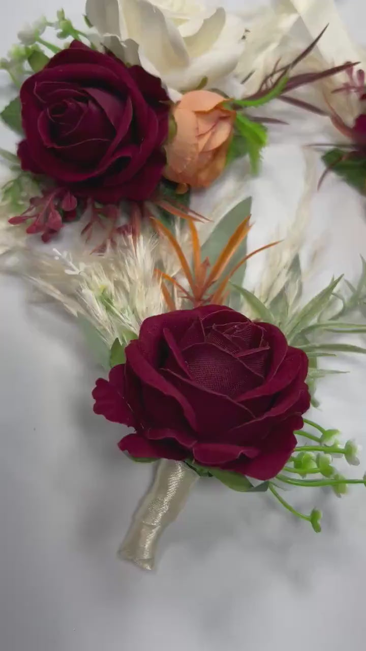 Burgundy Corsage Wedding Orange Corsage Bridesmaids Burgundy White Corsage Burnt Orange Mom Terracotta Ivory Boho Artificial Flower Pampas
