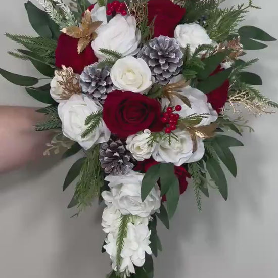 Christmas Cascading Bouquet Bridal Wedding  White Red Winter Bouquet Cascade Pine Cones Bridesmaids Ivory Dark Red Gold Artificial Flower