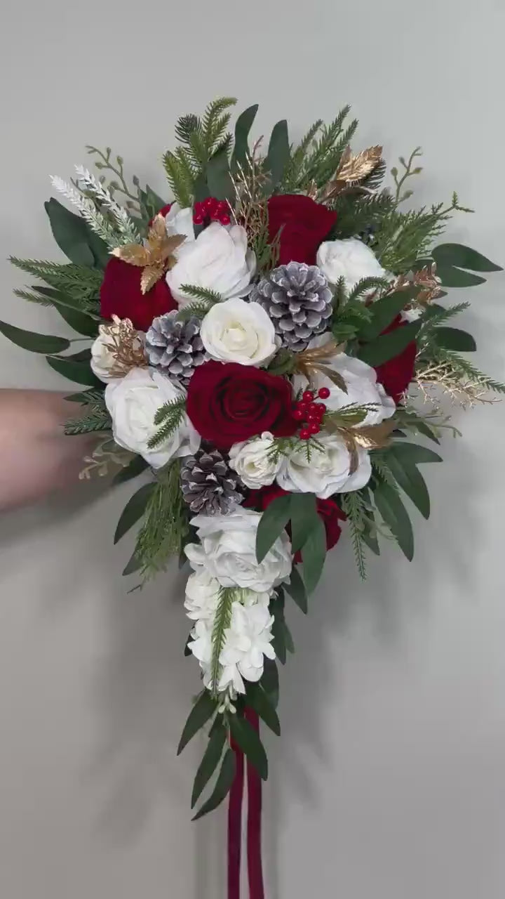 Christmas Cascading Bouquet Bridal Wedding  White Red Winter Bouquet Cascade Pine Cones Bridesmaids Ivory Dark Red Gold Artificial Flower